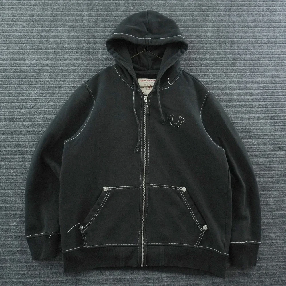 True Religion Zip Up Hoodie Mens XL Black World Tour Contrast Stitch